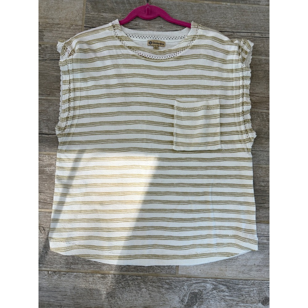 Democracy Sleeveless Knit Top Womens L Ivory Green Excellent Striped Crochet